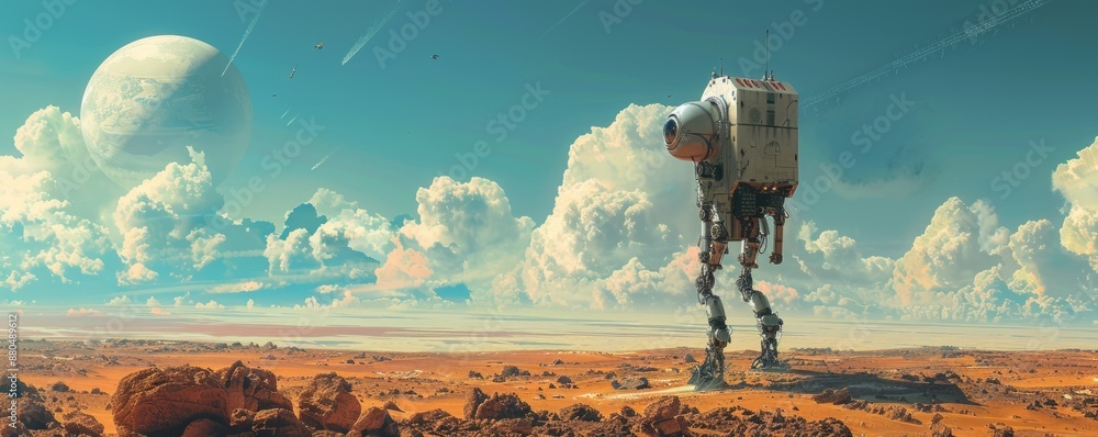 Poster a robot exploring a desolate alien world, its curiosity and resilience guiding its path.