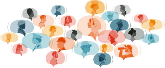 People of different professions in chat bubbles. Transparent background.	