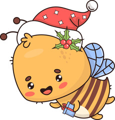 Christmas bee in Santa hat with gift
