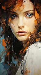 A Gorgeous Young Brown Haired Women Portrait With Minimalistic Brush Painting On Canvas