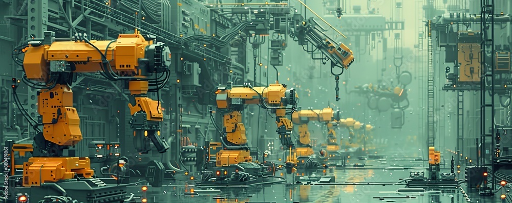 Poster A pixel art rendition of a pixelated robot factory, with pixelated assembly lines churning out pixelated robots, their pixelated forms demonstrating the wonders of automation