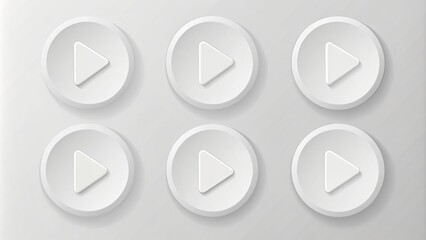 Modern minimalist arrangement of white and gray play button icons with subtle shadows on transparent background showcasing neumorphic design.