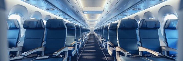 Fototapeta premium Airplane interior of commercial passenger. Airplane cabin and aisle with empty seats inside of plane