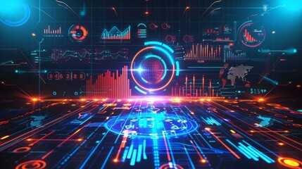 Obraz premium Digital business strategy concept with advanced data analysis, profit analytics, online marketing research, and futuristic graphic interface