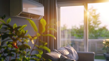 Serene Home Interior with Air Conditioning Unit at Sunset