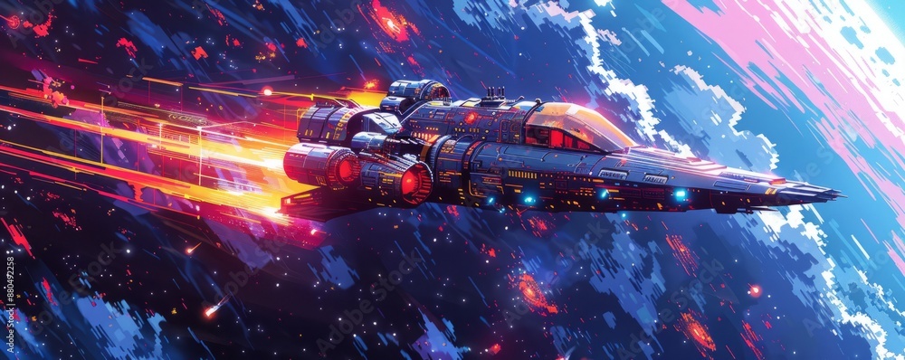 Poster a pixel art rendition of a futuristic spaceship soaring through the pixelated stars.