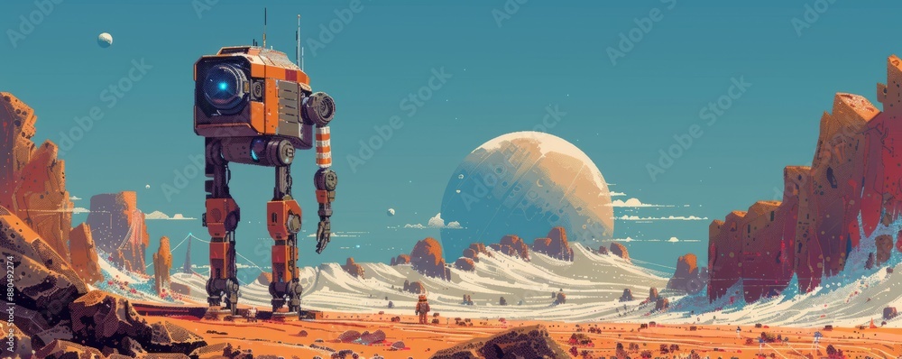 Poster a pixel art rendition of a retro-futuristic robot exploring a desolate planet, its pixelated form co