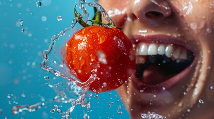 Fototapeta premium In this close-up studio photograph, a person's face beams with happiness while holding a freshly picked red tomato. The tomato is caught in mid-splash, adding a burst of color against a clean blue