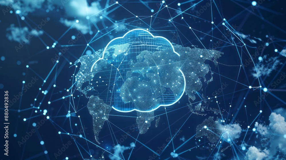Poster cloud computing technology concept with large cloud icon and global connectivity on abstract world m