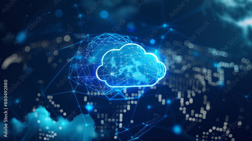 Poster cloud computing technology concept with large cloud icon and global connectivity on abstract world m