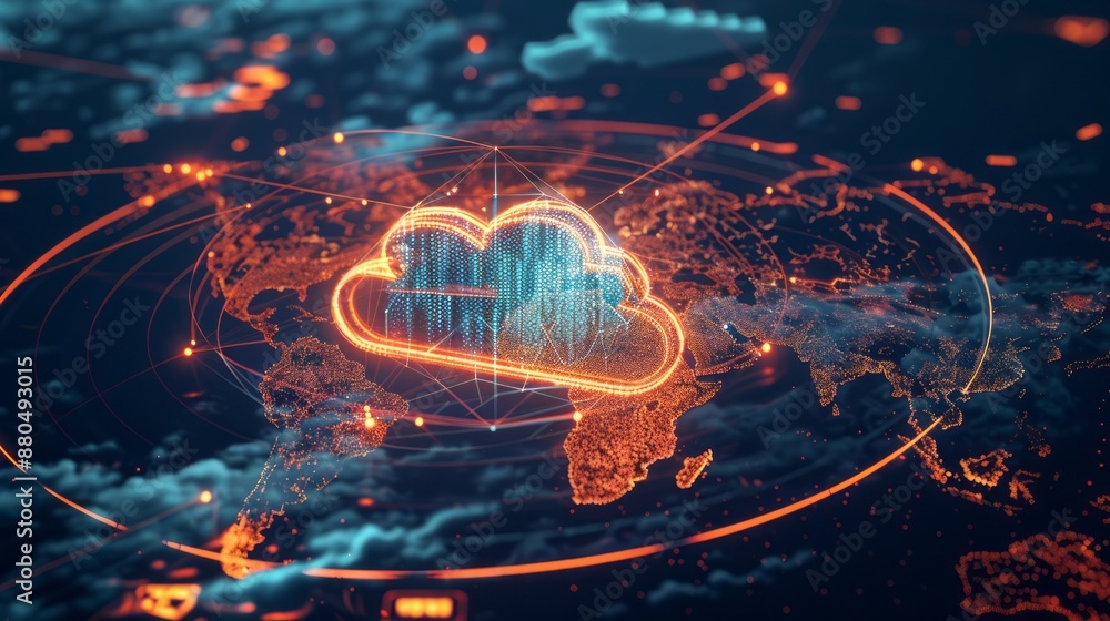 Poster cloud computing technology concept with large cloud icon and global connectivity on abstract world m