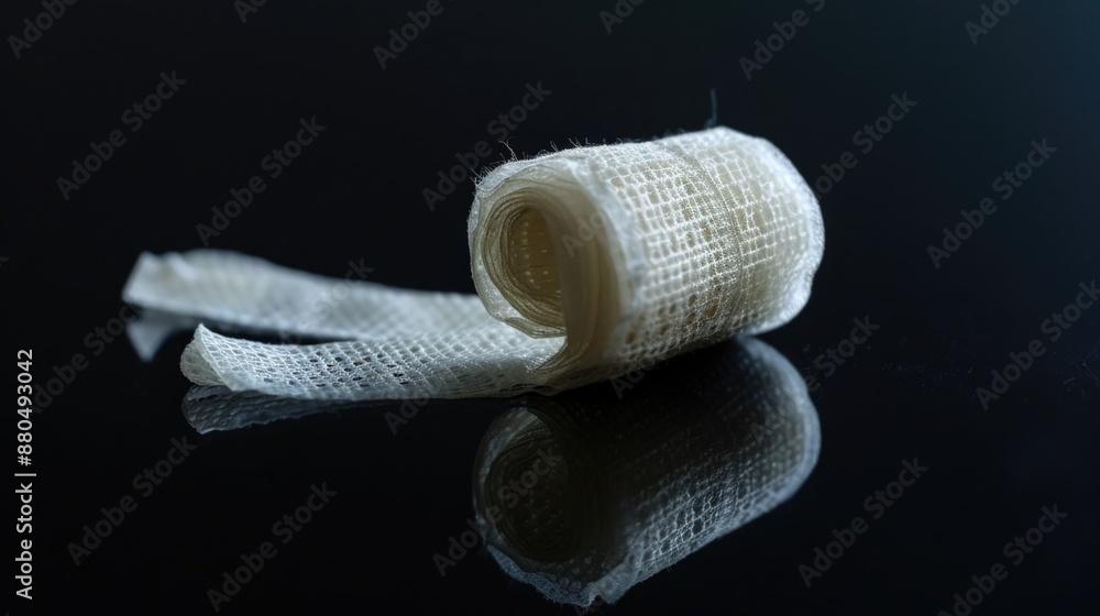 Poster a simple yet elegant scene with a roll of white cloth placed on a black surface, suitable for use in