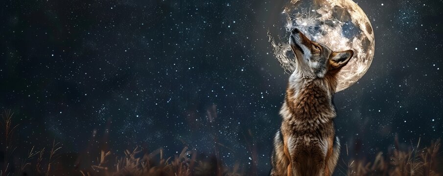Sly coyote howling at the moon, 4K hyperrealistic photo
