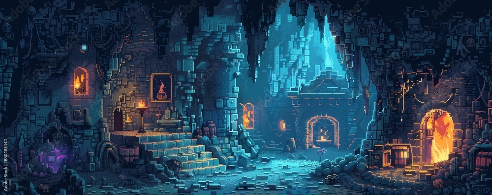 Aufkleber a pixel art rendition of a pixelated dungeon filled with pixelated monsters and pixelated treasure, 
