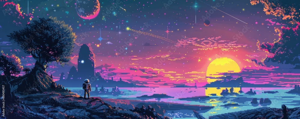 Aufkleber a pixel art depiction of a pixelated robot exploring a pixelated alien world.