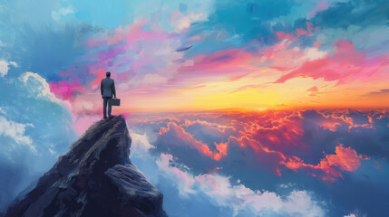 Business Person Standing on Mountain Peak Painting. Realistic painting of a business person standing on the peak of a mountain, overlooking a vibrant, colorful sky at sunrise.
