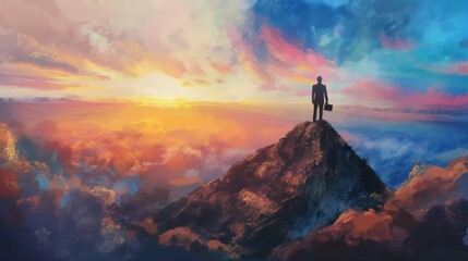 Business Person Standing on Mountain Peak Painting. Realistic painting of a business person standing on the peak of a mountain, overlooking a vibrant, colorful sky at sunrise.