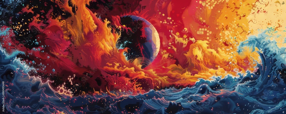 Poster a pixel art representation of a chaotic explosion of pixelated abstract elements, bursting with pixe