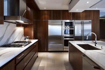 A sleek contemporary kitchen with stainless steel appliances, white marble countertops, and dark wood cabinetry, bathed in natural light.