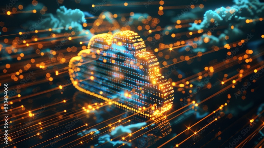 Poster futuristic digital technology web interface with holographic cloud icon, blue and golden light digit