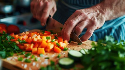 In a modern kitchen, a chef skillfully chops fresh veggies on a wooden board, demonstrating healthy cooking techniques AIG62