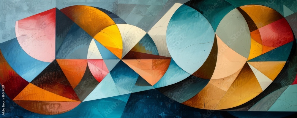 Poster a series of geometric shapes overlapping and intersecting, creating a sense of movement and dynamism