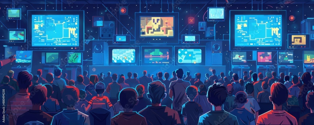Poster a pixel art rendition of a pixelated video game competition, with pixelated players battling it out 