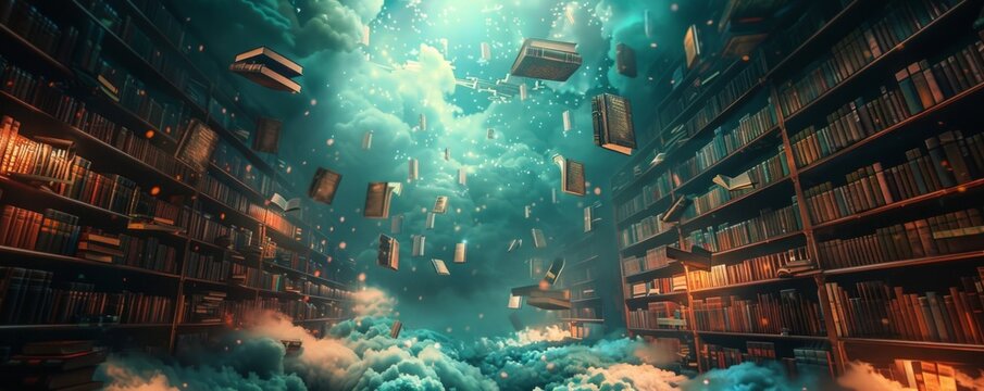 Magical library with floating books.