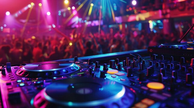 DJ mixing music at a vibrant nightclub, colorful lights, and a dancing crowd