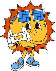 Retro groovy sun space character. Isolated cartoon vector sunny personage with joyful positive smile, solar panel sunglasses and vibrant rays, exude summer warmth and happiness heart shaped gesture