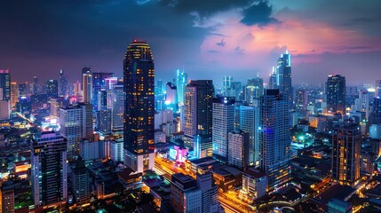 Fototapeta premium High-rise skyscraper in a bustling city center, illuminated at night with a vibrant skyline