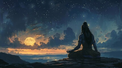 Meditative Shiva in Cosmic Space - Abstract Art Depicting Lord Shiva in a Tranquil Pose with a Celestial Background