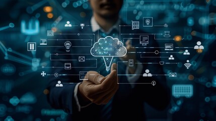 Obraz premium Digital transformation and iot in business: big data, cloud computing, ai technology, and smart industry strategy