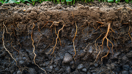Close-up of Soil with Roots and Microorganisms Illustrating Soil Carbon Sequestration