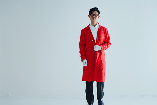confident male Singapore Polytechnic chemical science student in red stylish lab coat walking in pure white background
