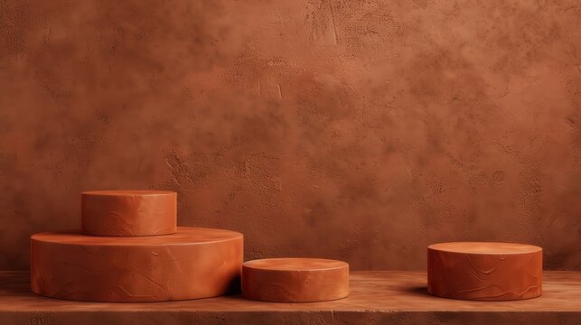 Minimal rustic terracotta podiums on an earthy textured background, grounded and simple