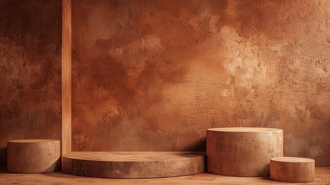 Minimal rustic terracotta podiums on an earthy textured background, grounded and simple