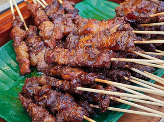 Grilled meat on skewers on a charcoal grill