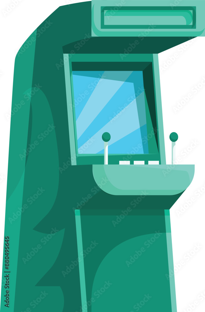 Poster tall green arcade game machine with joysticks and buttons, inviting players to test their skills and