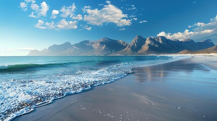 Naklejka premium Panorama of a beach with distant mountains, the contrast between the calm beachfront and majestic peaks