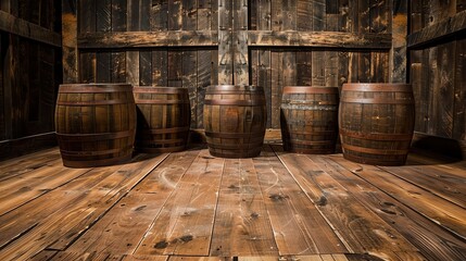 Rustic wooden barrels used as podiums on an old barn wood floor, rustic charm
