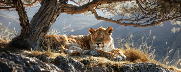 Majestic lioness resting under a tree, 4K hyperrealistic photo