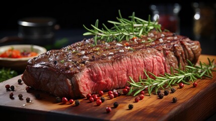 Grilled steak with melted barbeque sauce on a black and blurry background