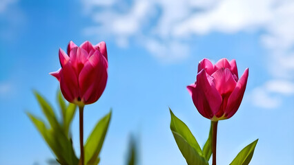 Fototapeta premium Pink flowers close-up sky and clouds on background, wallpaper