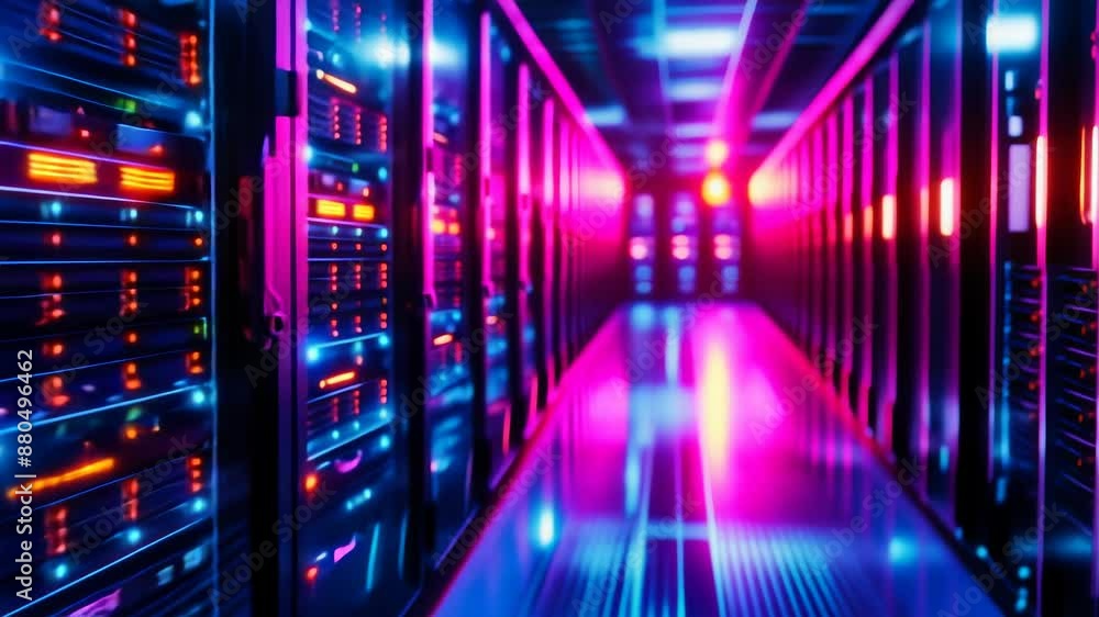 Poster high-tech data center server racks with glowing led lights, symbolizing advanced network infrastruct