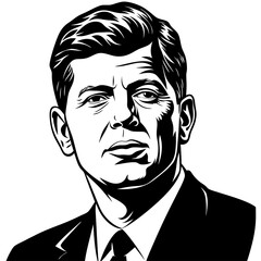 A black and white drawing of a man in a suit and tie with no expression