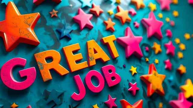Colorful 3D stars with vibrant GREAT JOB text, celebrating achievement and success, job well done, congratulatory graphic, bright and cheerful, motivation, encouragement, blue and pink theme