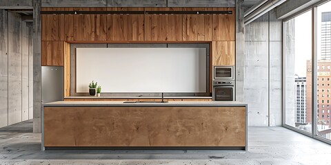 An elegant kitchen interior with a mix of wood and concrete materials, featuring a blank mock-up wall, a central island, premium appliances, and a wide window capturing a bright city scene.