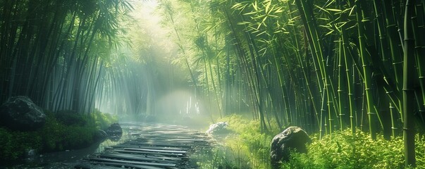 Tranquil Bamboo Forest with Pathway, 4K hyperrealistic photo