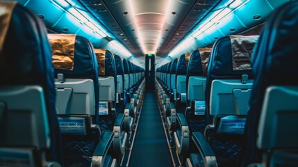 Fototapeta premium Airplane interior of commercial passenger. Airplane cabin and aisle with empty seats inside of plane